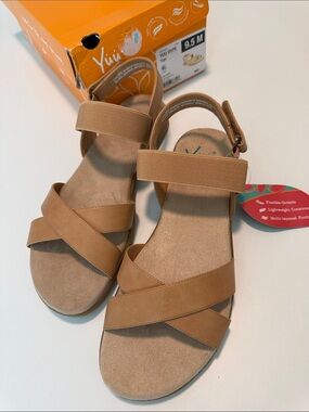 Yuu Hype Tan Leather Strappy Sandals with Velcro Ankle Strap
